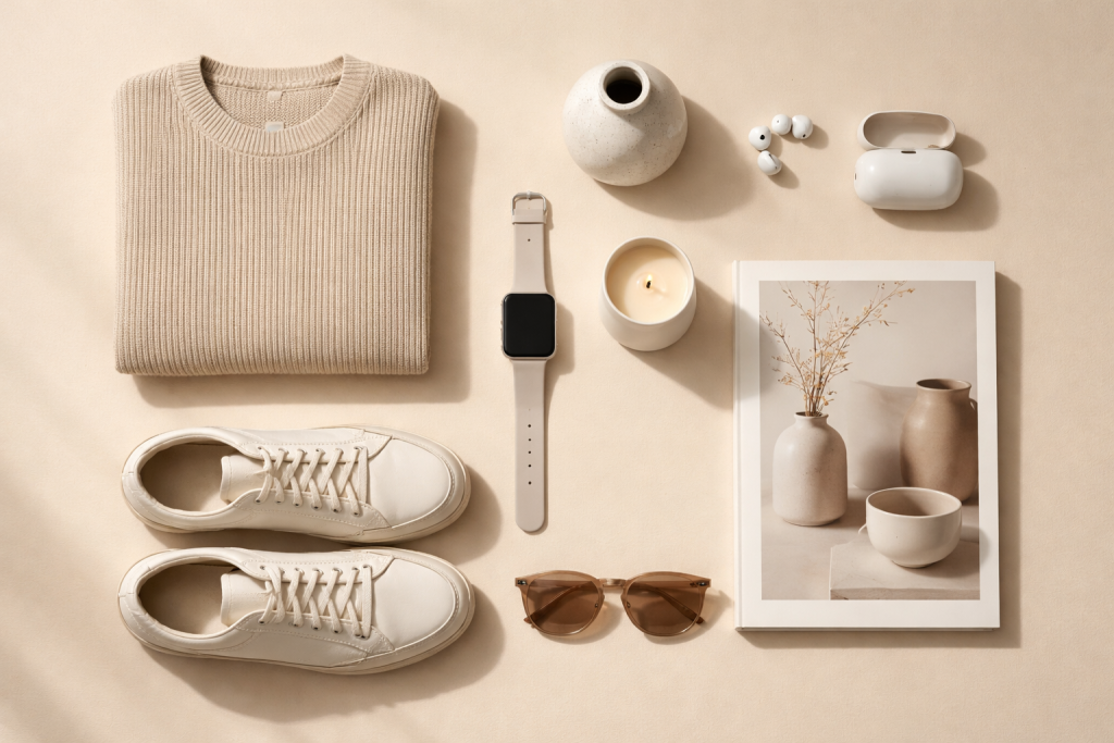 Visuelt symbol på mission og værdier: et fladt lay med nøje udvalgte produkter fra forskellige kategorier (mode, bolig, tech) arrangeret i et grafisk, kurateret mønster på en neutral baggrund.