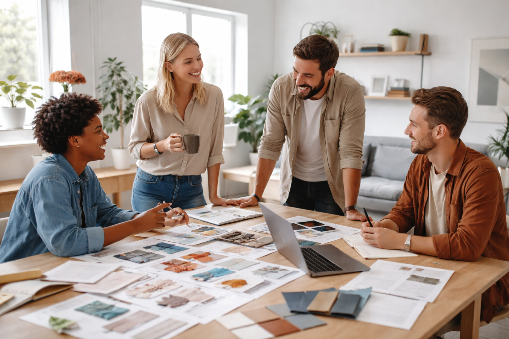 "Om os"-billede: et lille, kreativt team i et lyst kontor, der samarbejder omkring moodboards, laptops og produkter – uformelt, men professionelt og digitalt.