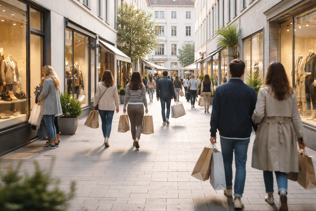 Stemningsbillede for brandet: travl, men afslappet gågade eller butiksmiljø med mennesker, der shopper og kigger på produkter – fokus på livsstil og stemning, ikke konkrete butikker.