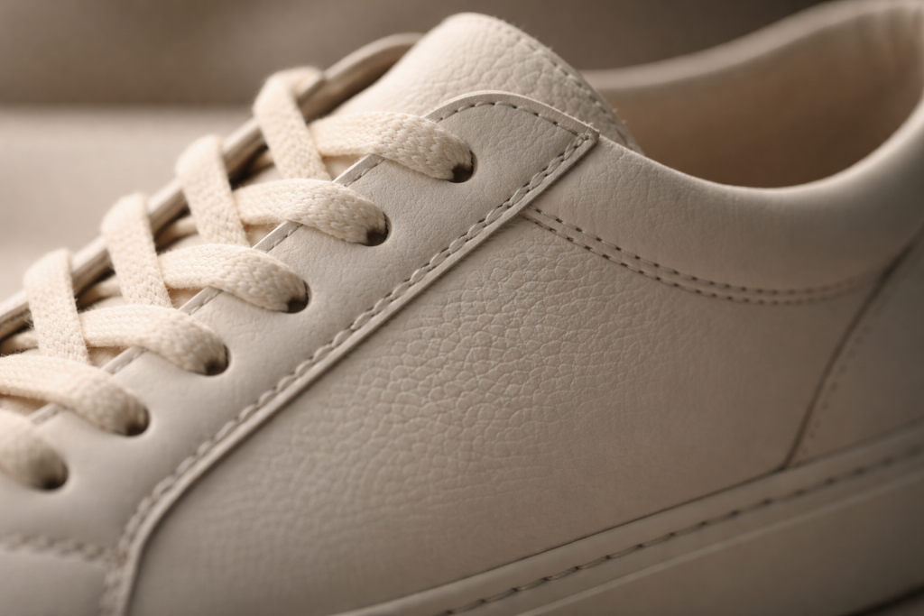 Detaljebillede: tæt på et enkelt kvalitetsprodukt (f.eks. sneaker eller taske) på et bord med teksturer og materialer i fokus – signalerer kvalitet og sans for detaljer.