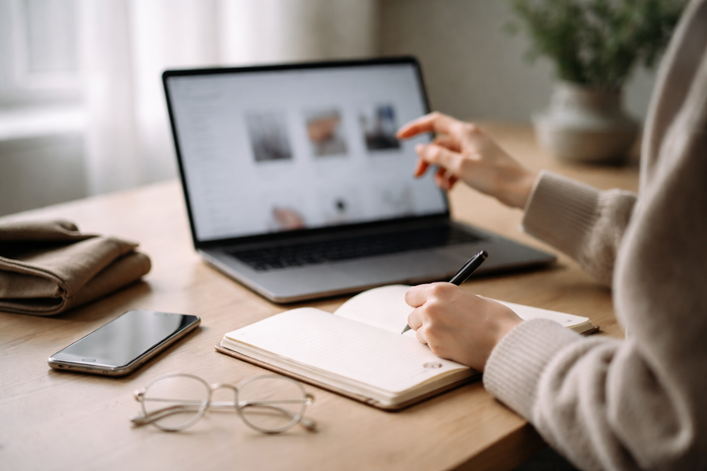 Illustration af guides til populære brands: laptop på bord med åben produktside og omkringliggende notesbog, telefon og stilrene accessories – fokus på research og overblik.