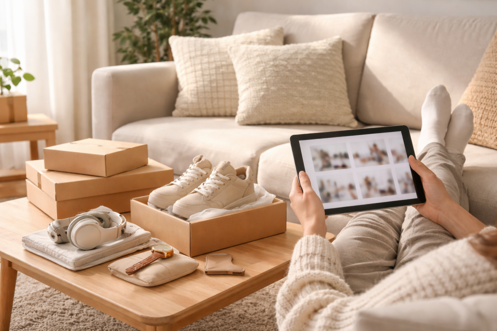 Illustration af produktanbefalinger og shoppingtips: en person sidder afslappet i sofa med tablet og pakker/produkter på sofabordet foran sig – hyggelig, hjemlig stemning.