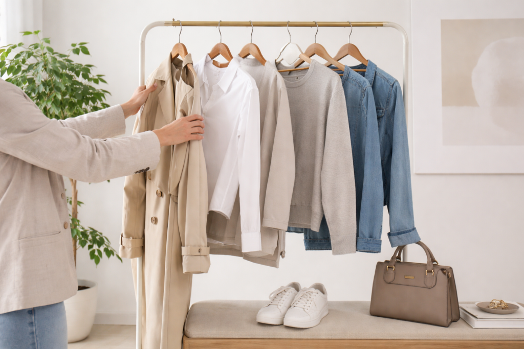 Illustration af trend- og stilinspiration: tøjstativ med nøje udvalgte items i rolige farver og en person, der sammensætter et outfit – fokus på stil, ikke ansigt.